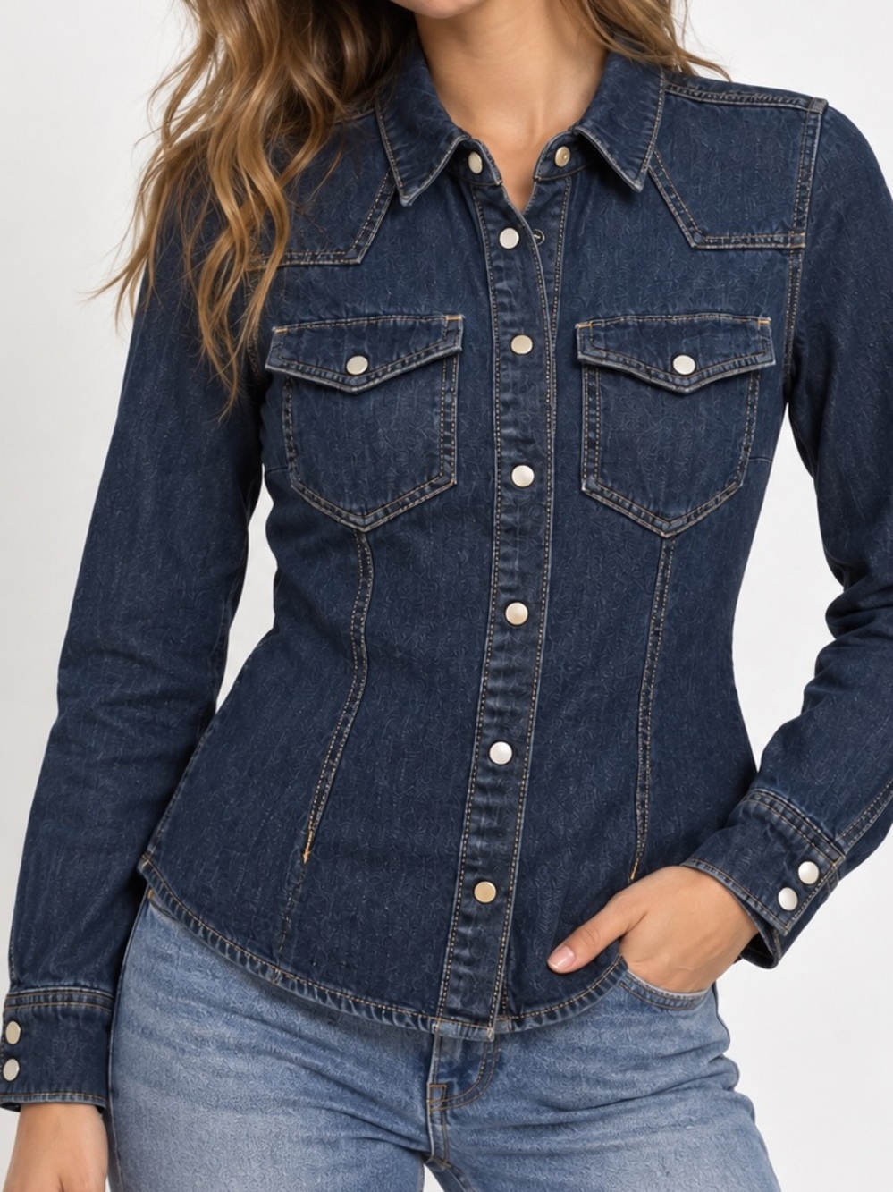 Universal Thread Dark Wash Slim Fit Western Denim Snap Front Shirt Size 4